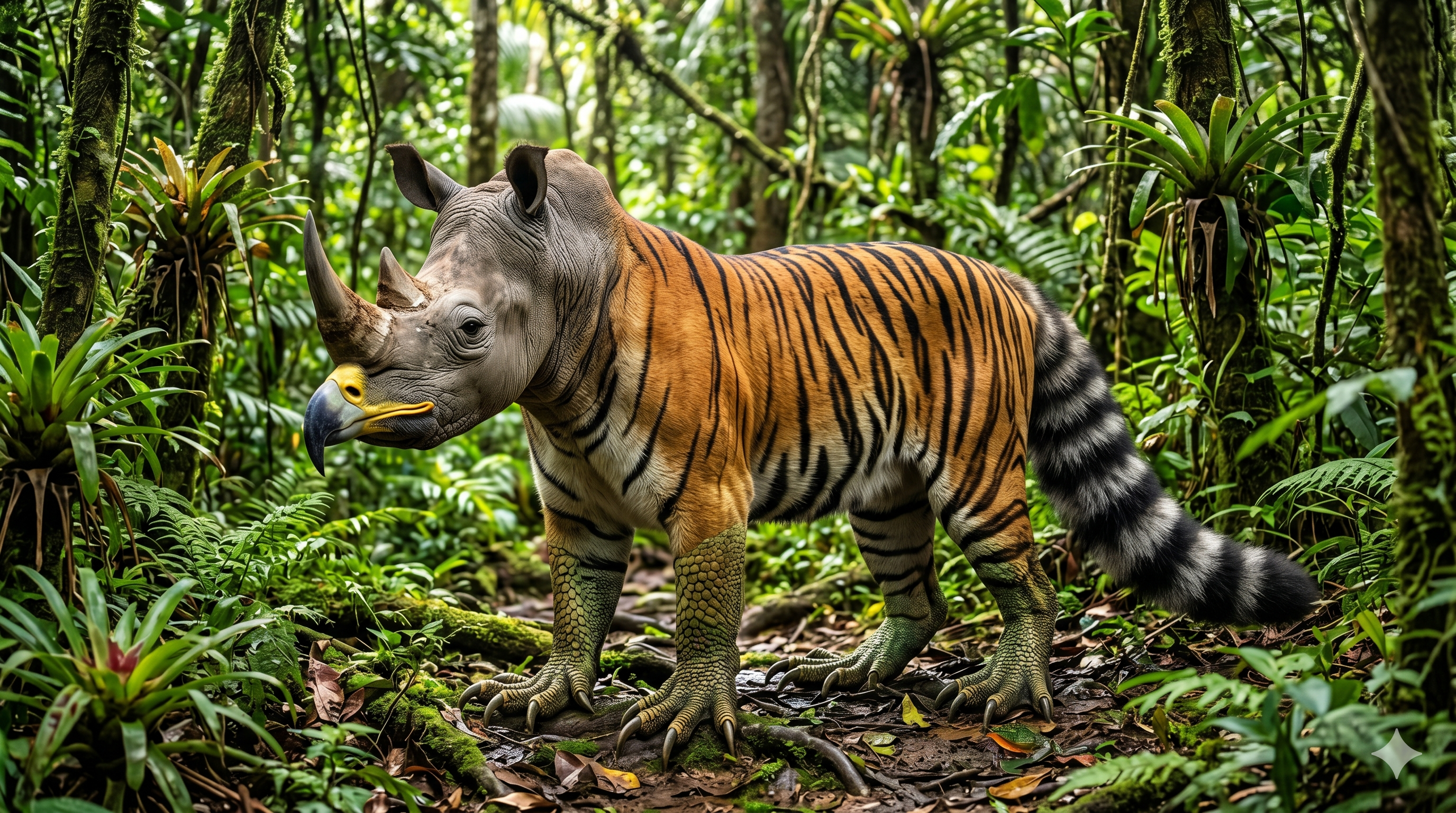 AI generated image based on prompt - creature with parts from a lizard, tiger, rhino, hawk and raccoon